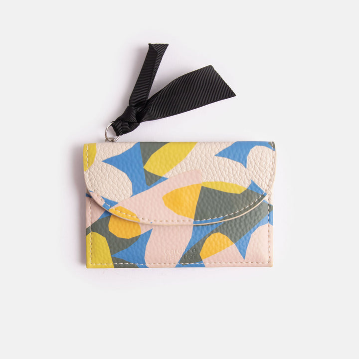 leather look PU card holder coin purse in colourful confetti hearts print with monochrome stripe lining