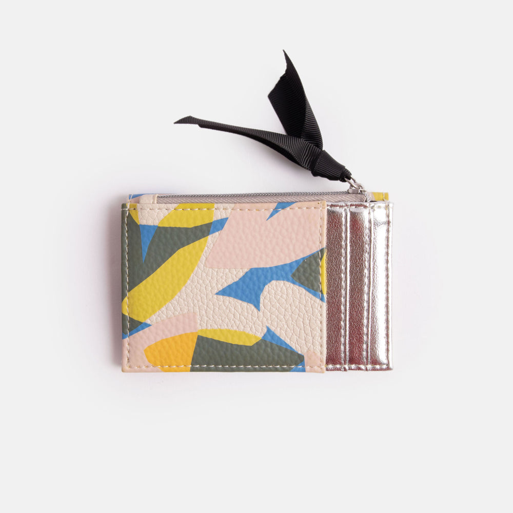 leather look PU card holder coin purse in colourful confetti hearts print with monochrome stripe lining