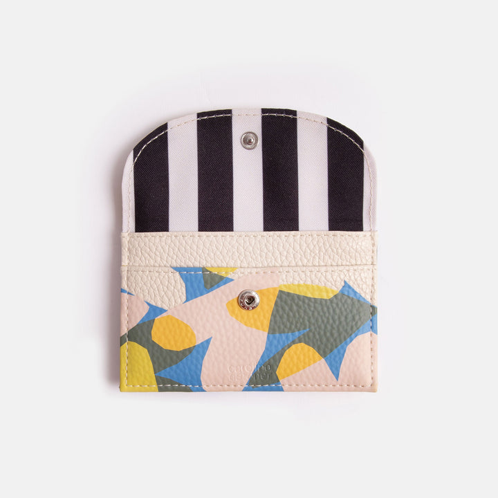 leather look PU card holder coin purse in colourful confetti hearts print with monochrome stripe lining