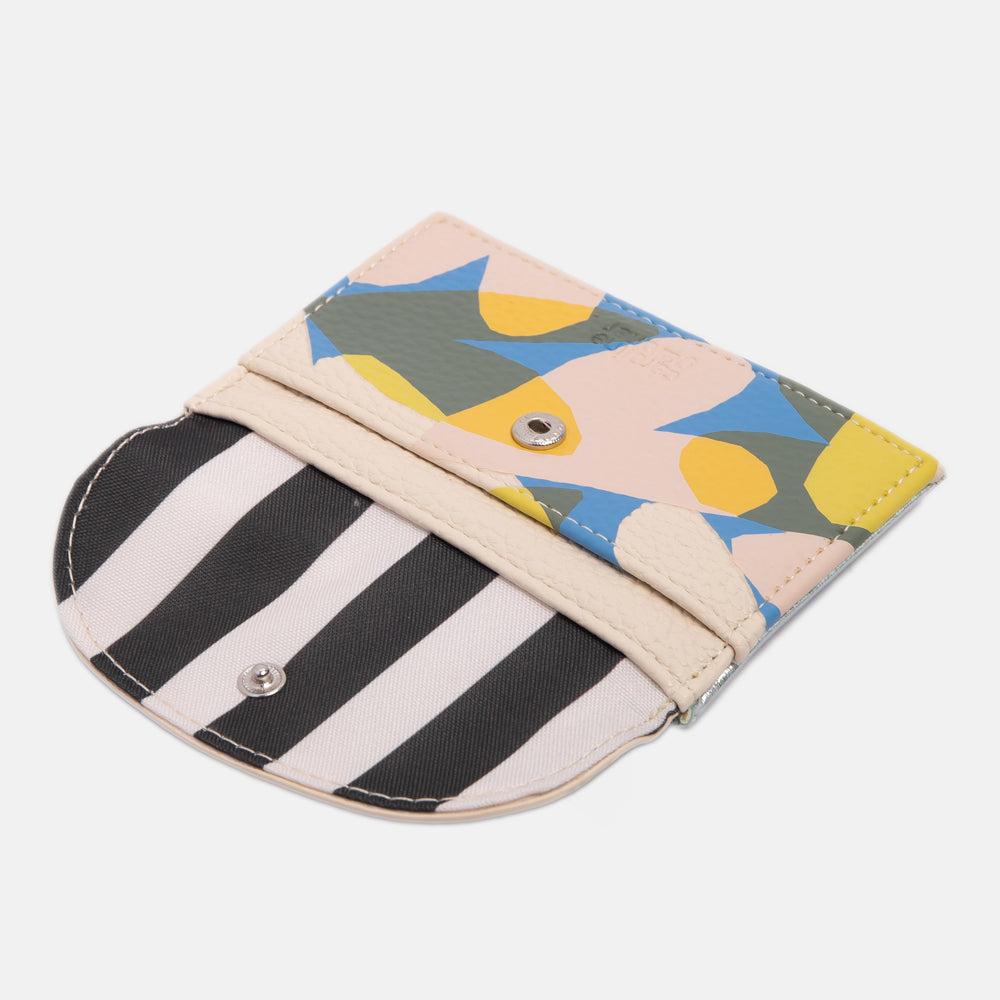 leather look PU card holder coin purse in colourful confetti hearts print with monochrome stripe lining