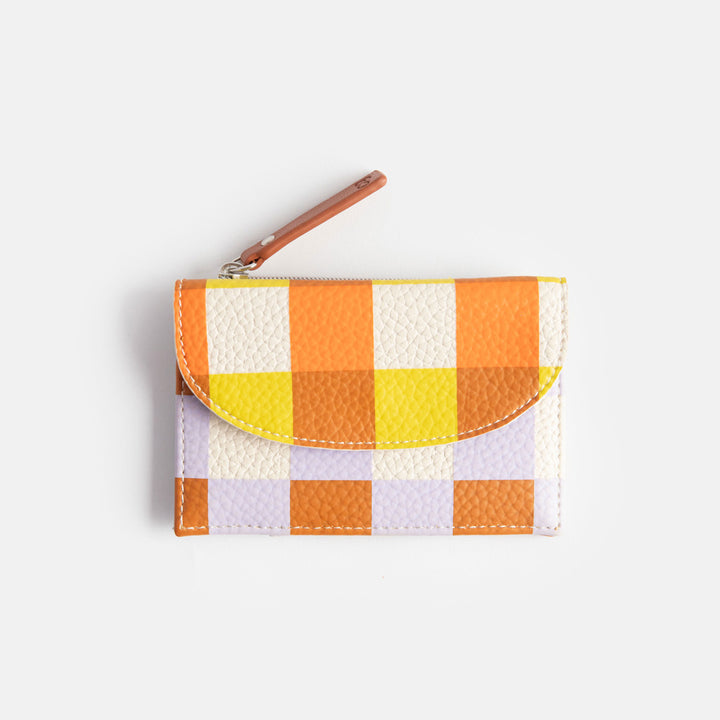 leather look PU card holder coin purse with orange, yellow & lilac check design, tan zip pull and pink & big spots lining