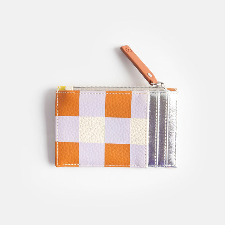 leather look PU card holder coin purse with orange, yellow & lilac check design, tan zip pull and pink & big spots lining