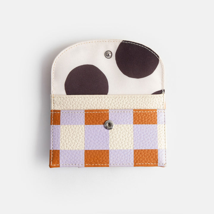 leather look PU card holder coin purse with orange, yellow & lilac check design, tan zip pull and pink & big spots lining