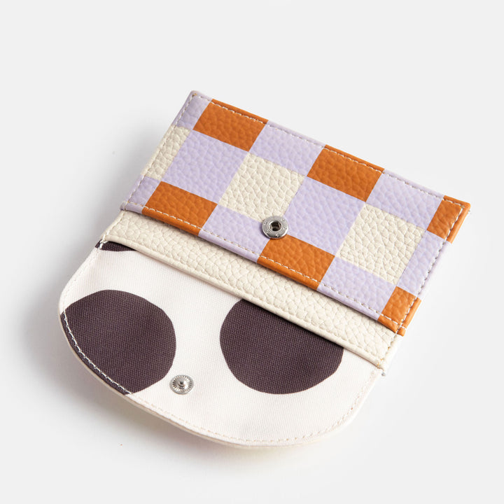 leather look PU card holder coin purse with orange, yellow & lilac check design, tan zip pull and pink & big spots lining
