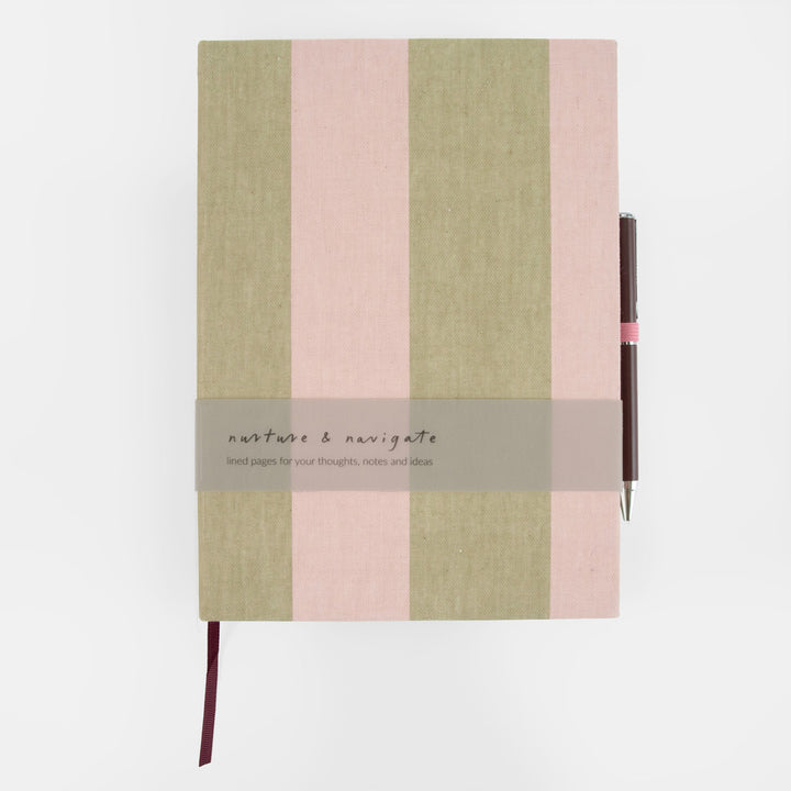 green & pink striped notebook with pen set