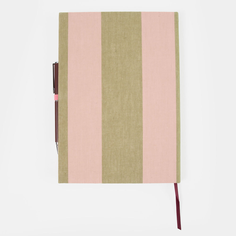 green & pink striped notebook with pen set
