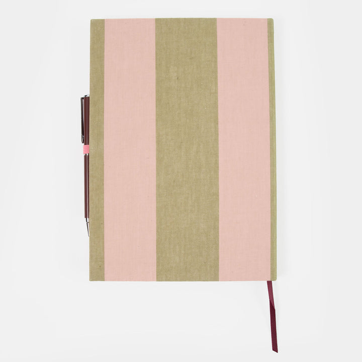 green & pink striped notebook with pen set