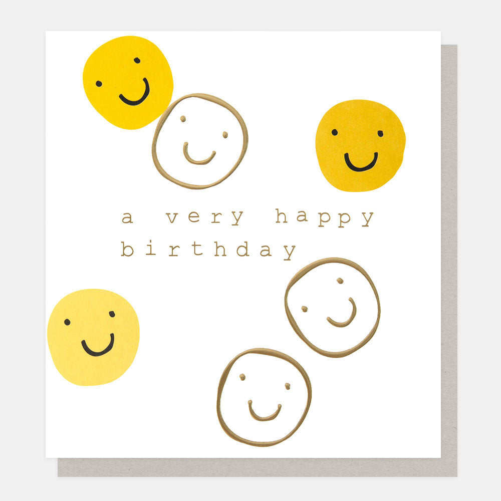 Birthday card with smiley face illustrations and 'a very happy birthday' text on a white background.
