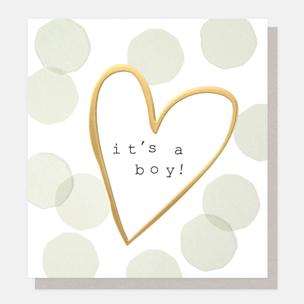 new baby boy card featuring pale green spots and a gold heart with the text 'it's a boy' on a white background