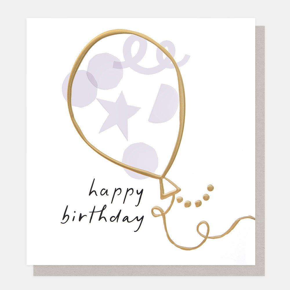 Greeting card with gold balloon design and 'happy birthday' text on a white background
