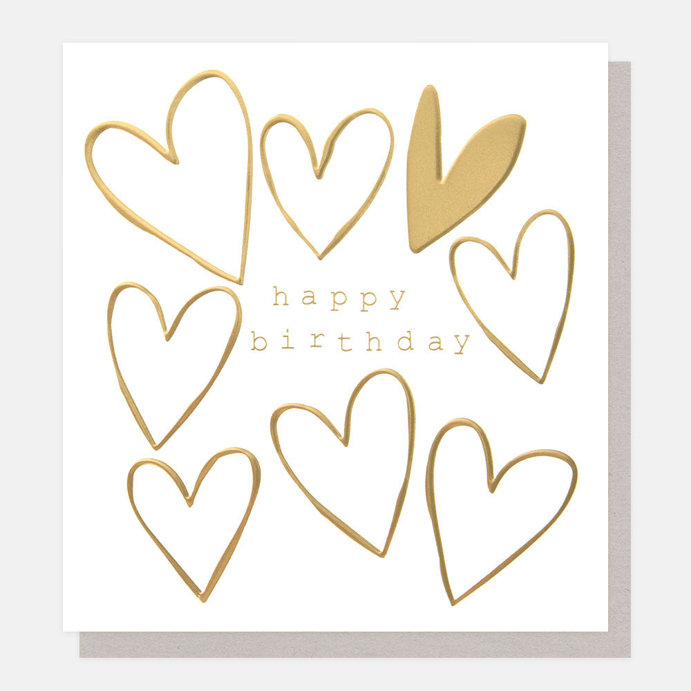 Gold heart shapes on a white card with 'happy birthday' text