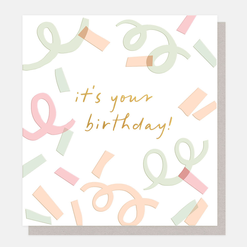 Greeting card with 'it's your birthday!' text and decorative confetti on a white background
