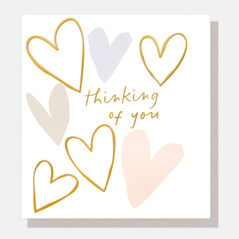Card with hearts and 'thinking of you' text on a white background