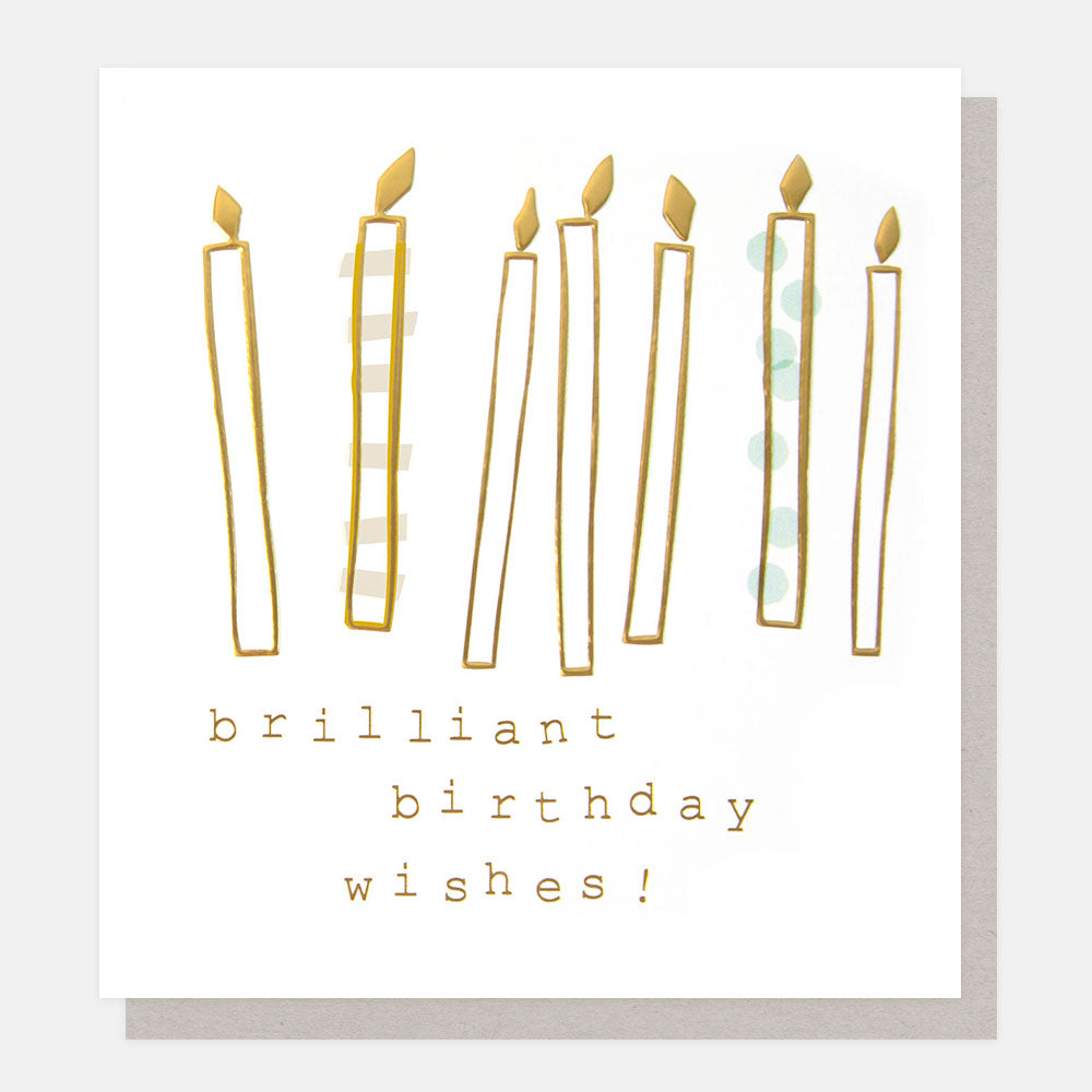 birthday card with gold candles and brilliant birthday wishes message on a white background