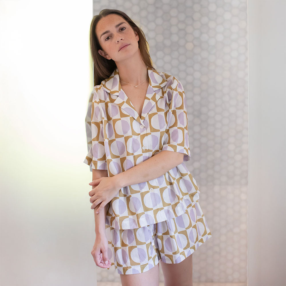 lilac & moss green geometric circles print cotton revere collar shorted sleeved pyjama shirt