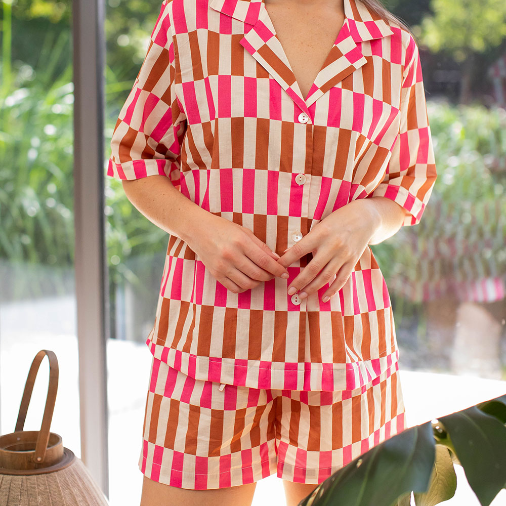 pink & brown offset stripe cotton pyjama set of shorts and revere collar short sleeved shirt