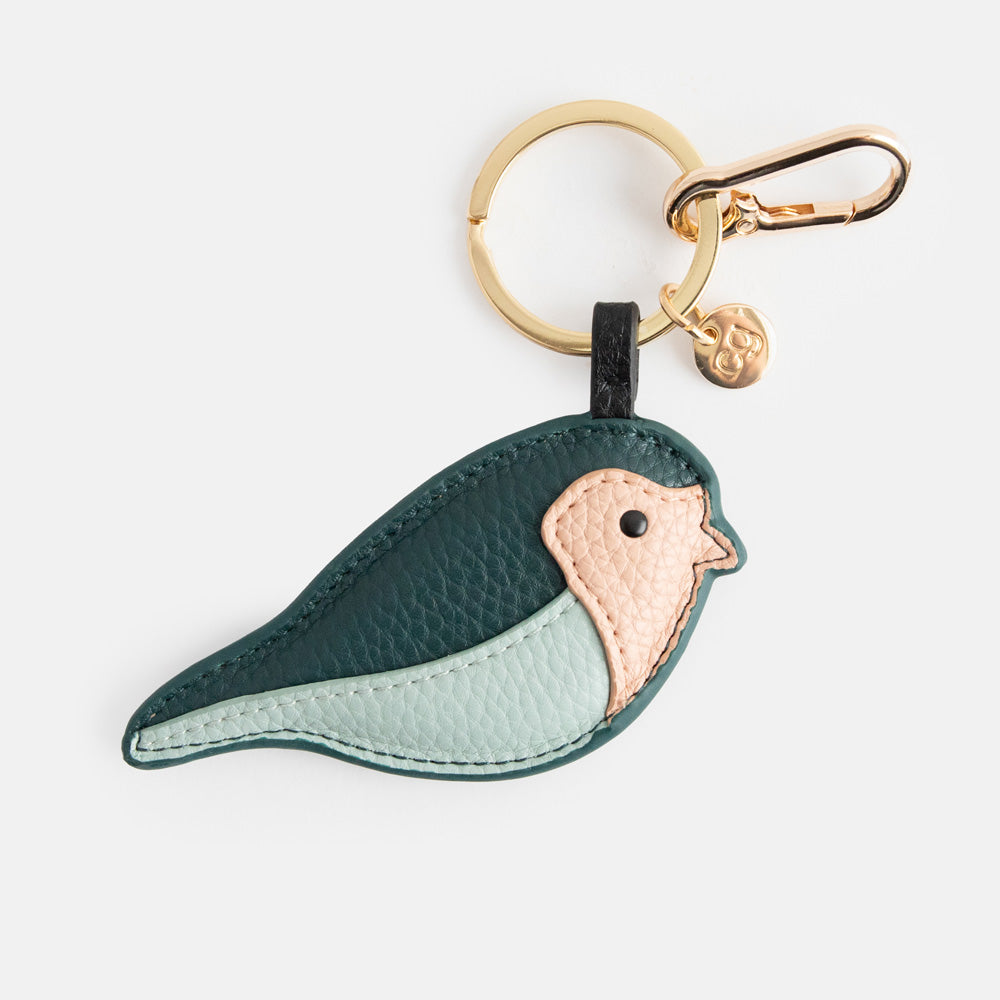 bird shaped padded leather look bag charm or keyring in green and light blue