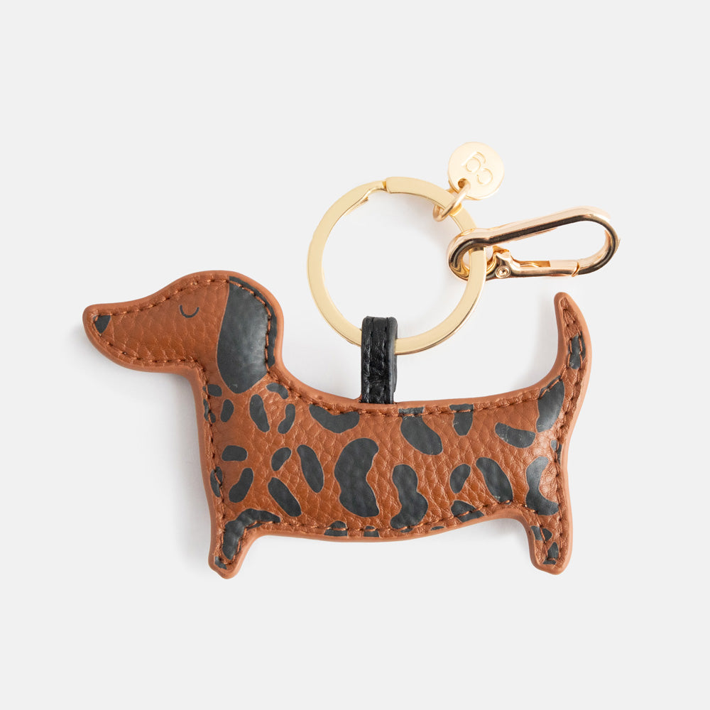 brown leopard print sausage dog shaped padded leather look bag charm or large keyring