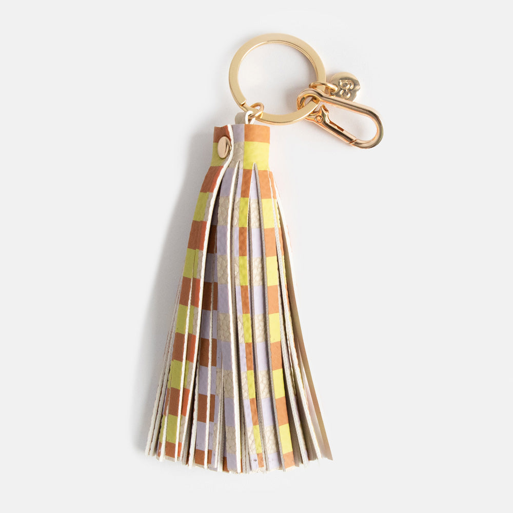 yellow, brown, lilac & cream leather look tassel bag charm or large keyring