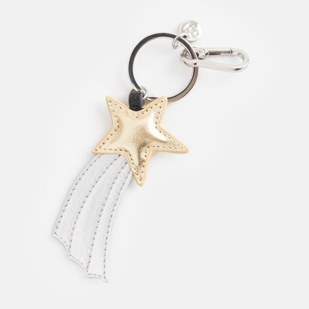silver & gold shooting star shaped padded leather look bag charm or large keyring