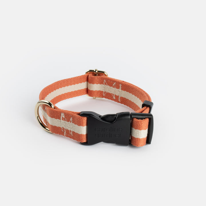 orange and cream stripe dog collar with clip fastening and gold d ring