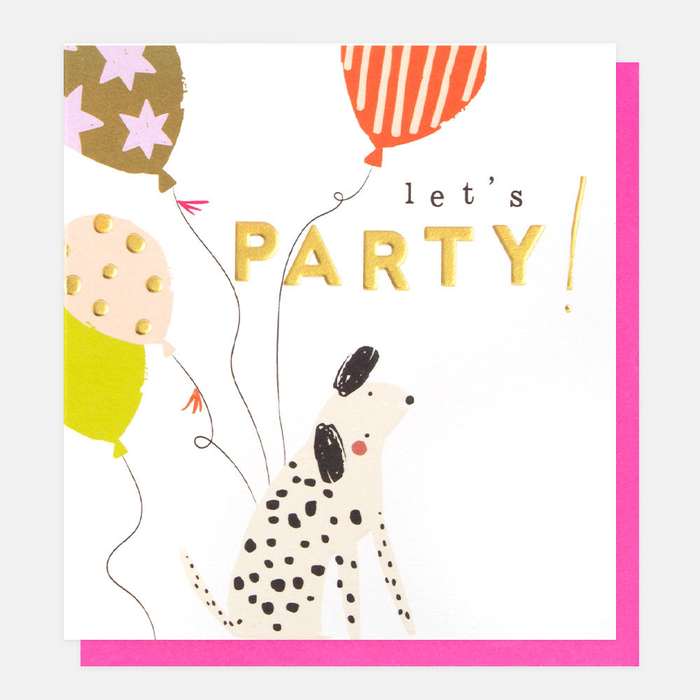 spotty dog and balloons let's party birthday card