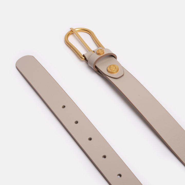 slim light grey patent leather belt with gold buckle, made in Italy by Gianni Chiarini