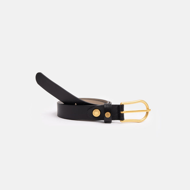 slim black patent leather belt with gold buckle, made in Italy by Gianni Chiarini