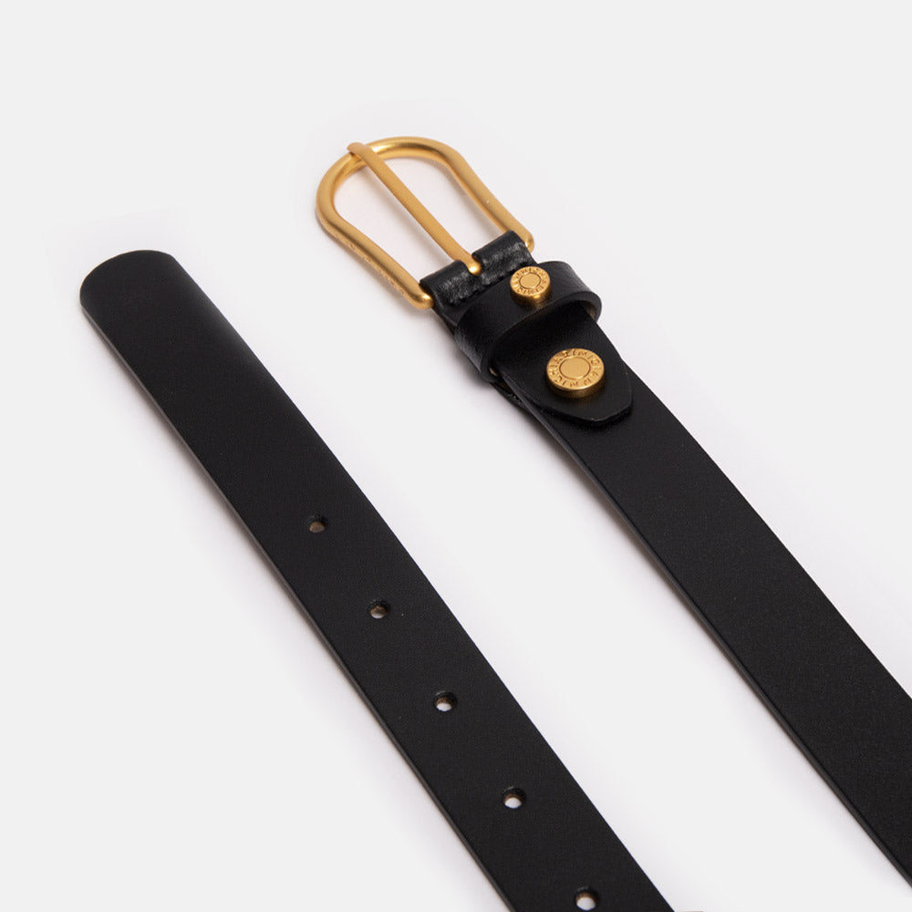 slim black patent leather belt with gold buckle, made in Italy by Gianni Chiarini