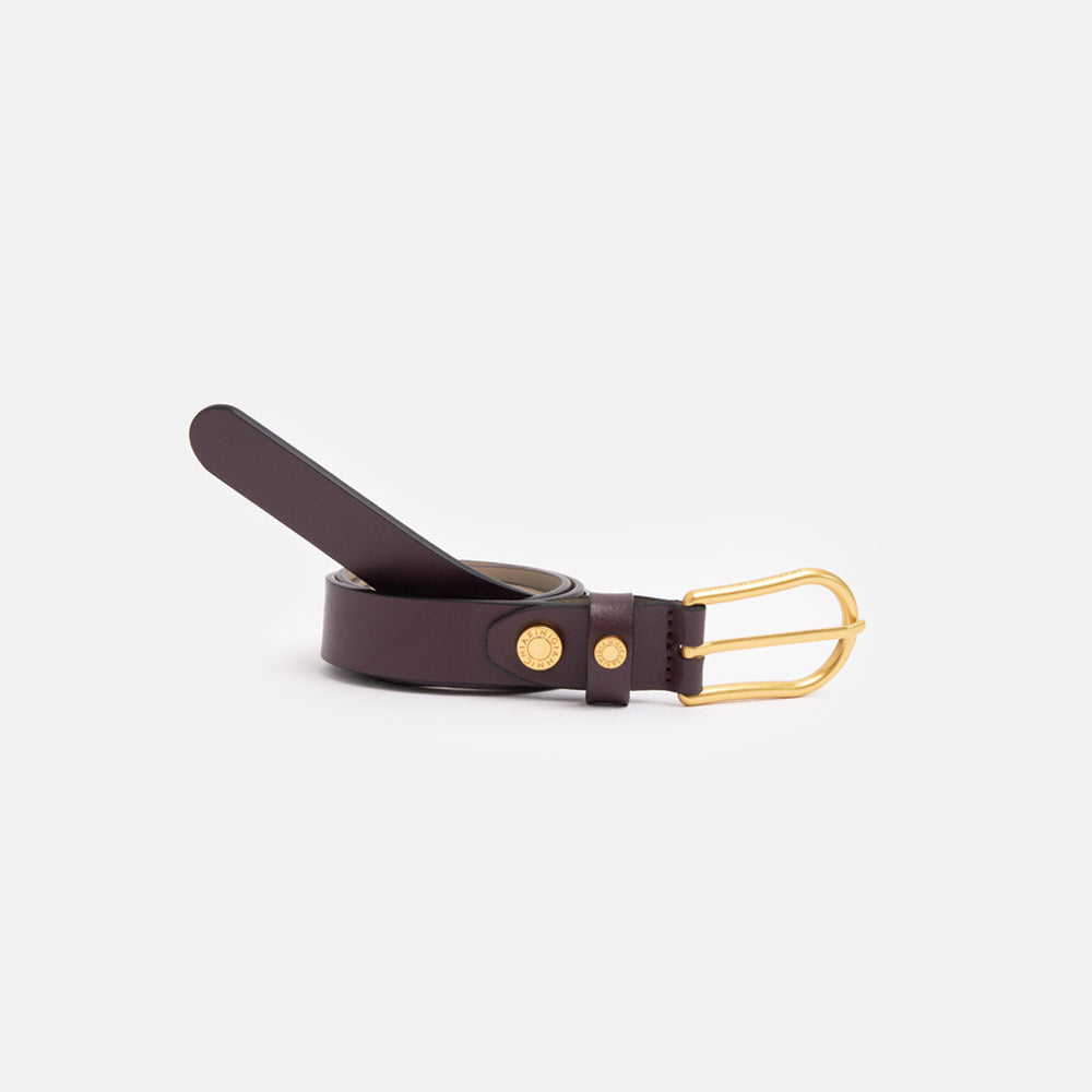 slim plum purple patent leather belt with gold buckle, made in Italy by Gianni Chiarini