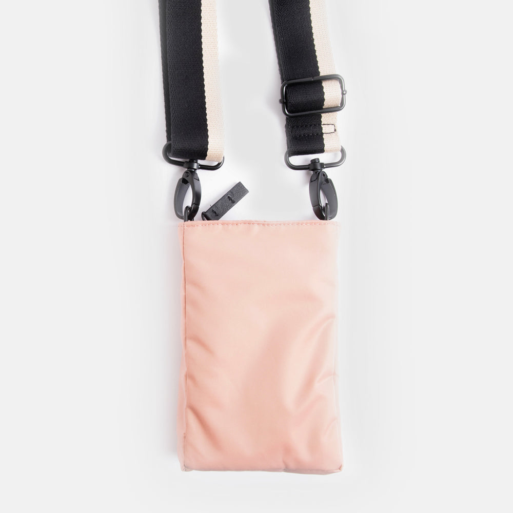 pink padded polyester phone bag with black & white webbing strap