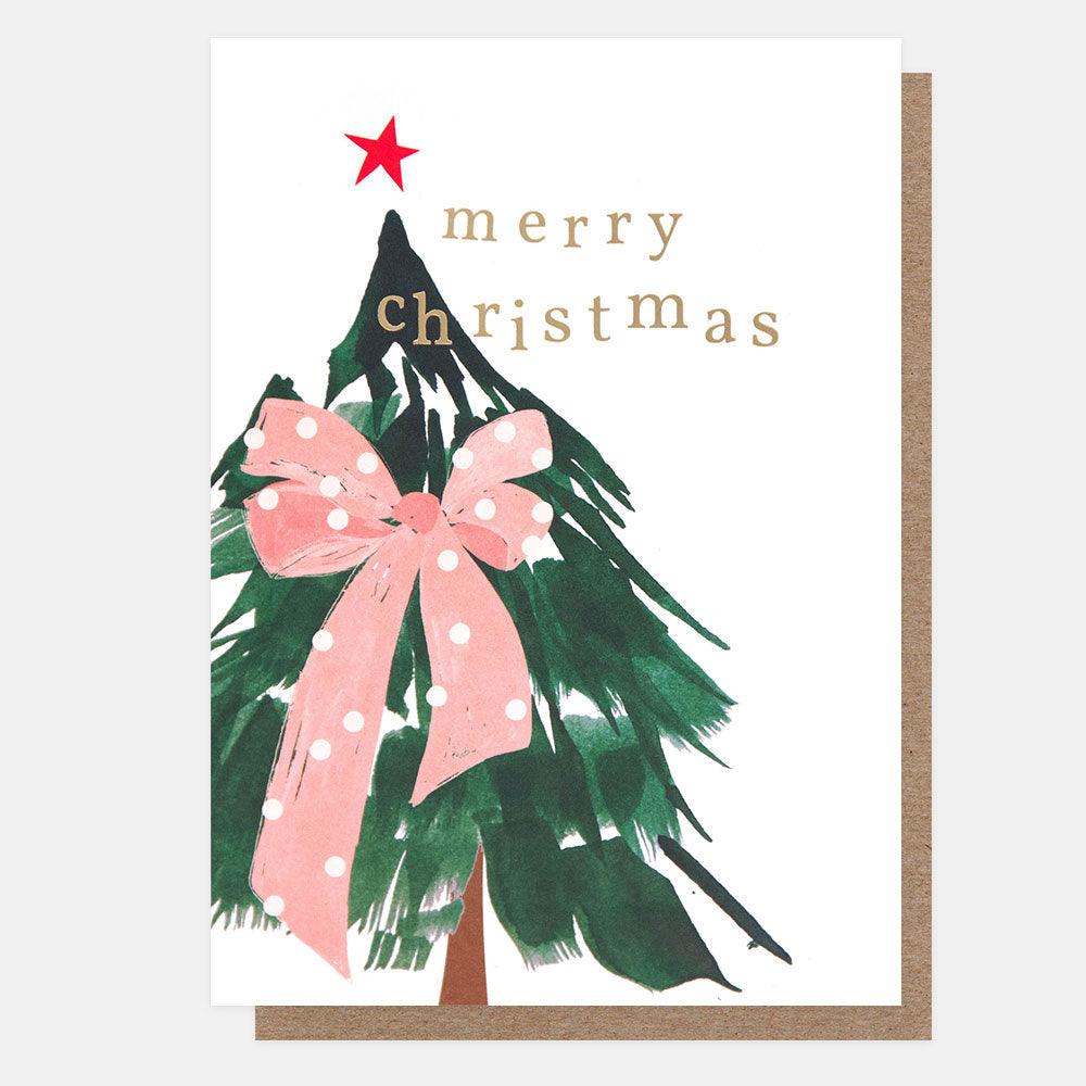 Christmas card with a green tree, pink bow, and red star on a white background