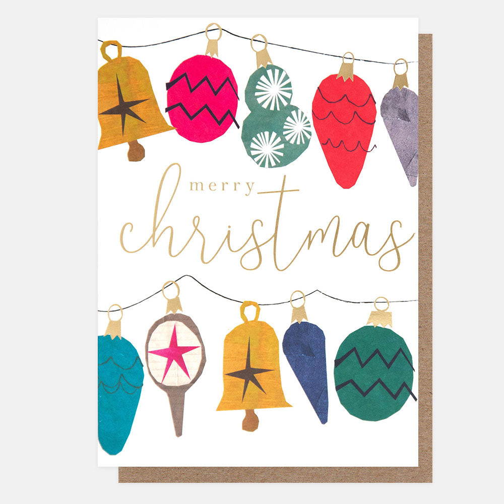 Christmas card featuring Colourful Christmas lights and bells on a white background with 'Merry Christmas' text.