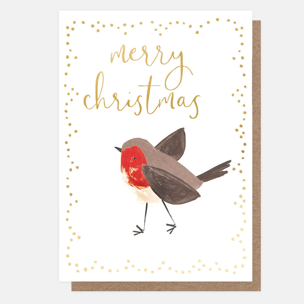 Christmas card with a robin illustration and 'Merry Christmas' text on a white background.