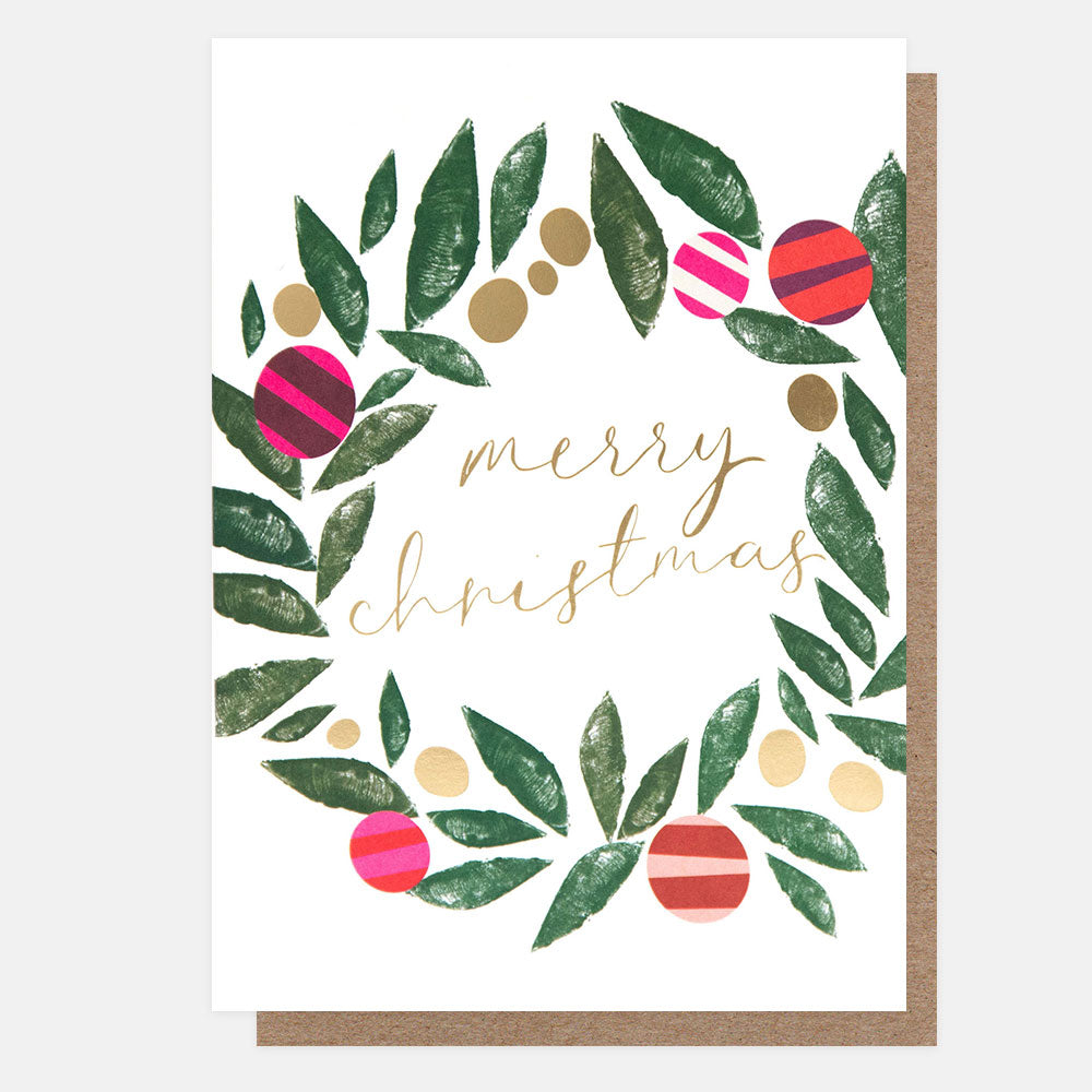 Christmas card with green wreath and colourful ornaments on a white background