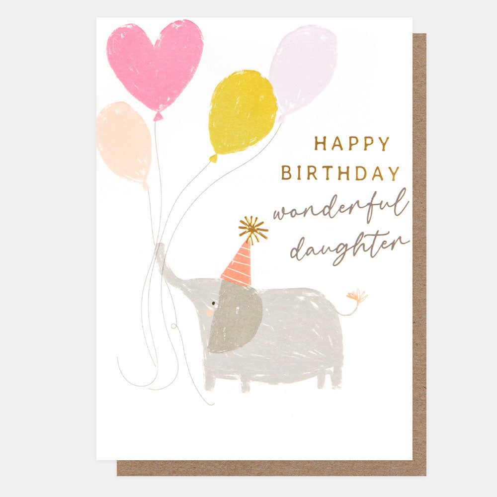 Elephant wearing a party hat holding balloons happy birthday wonderful daughter card