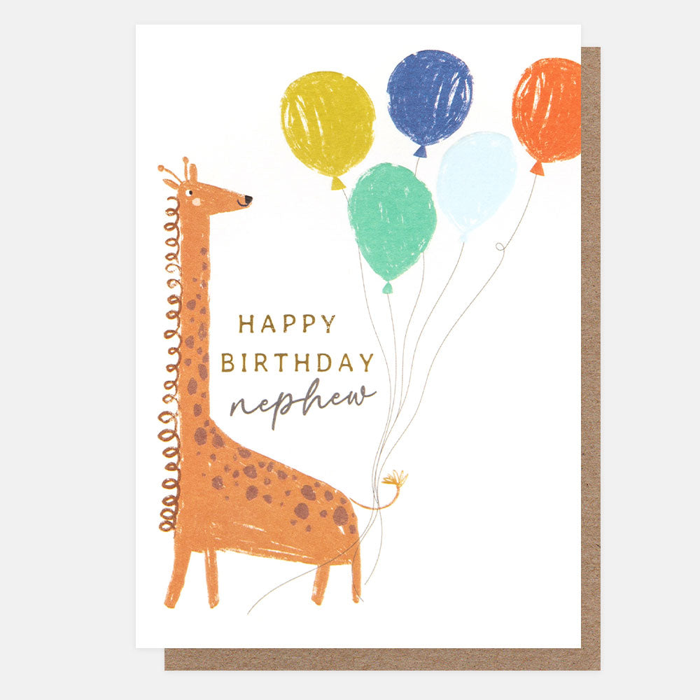 giraffe with colourful balloons happy birthday nephew card