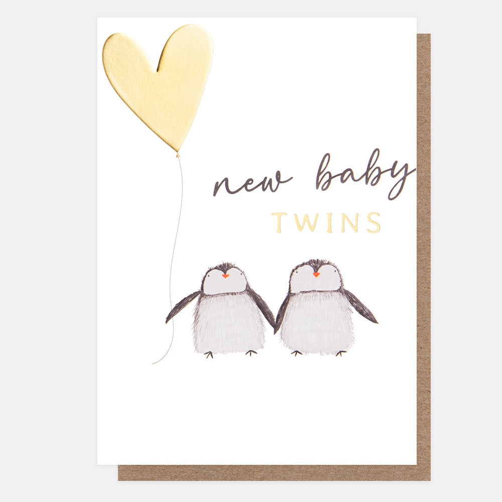 penguins holding a gold balloon new baby twins card