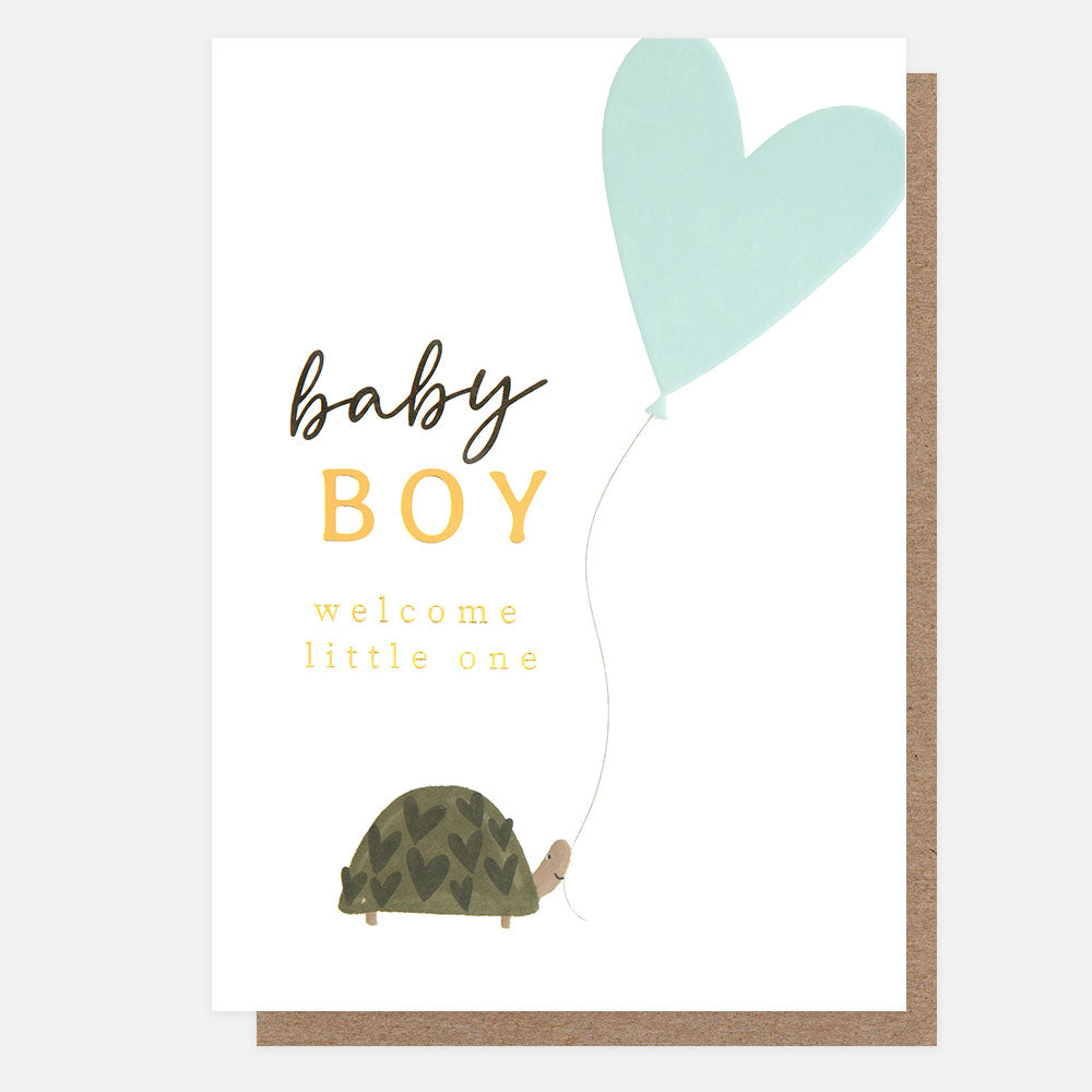 greeting card featuring a turtle holding a blue heart shaped balloon and 'baby boy - welcome little one' message