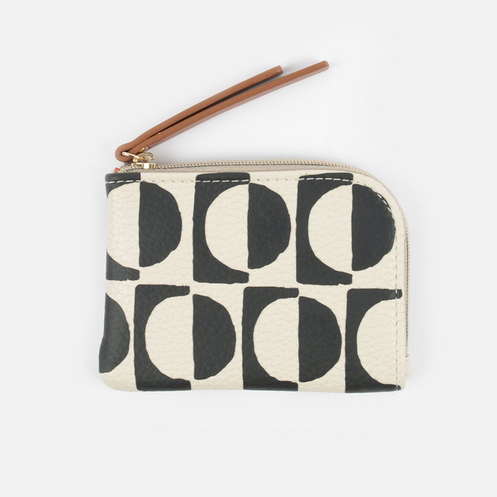 black and white monochrome geometric print leather look corner purse