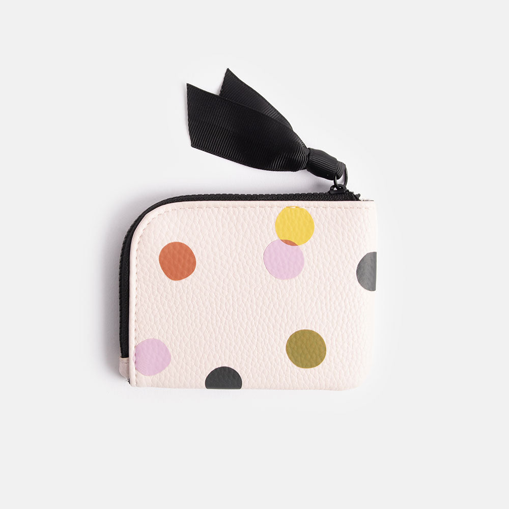 pale pink with colourful spots leather look corner purse