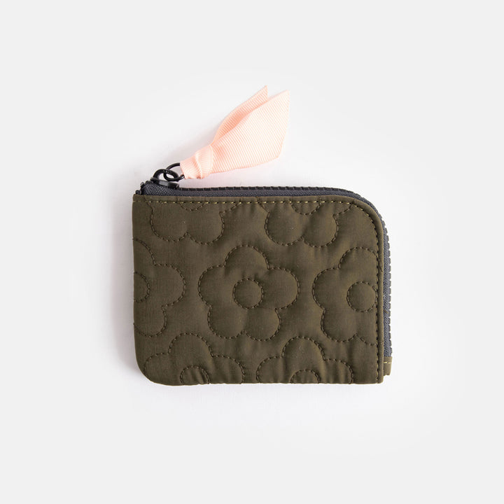 khaki green flower quilt corner purse with heart print lining, internal pockets and contrast grosgrain zip pull