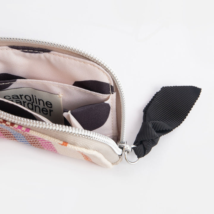 colourful checkerboard stripe printed cotton canvas corner purse with black spot internal lining