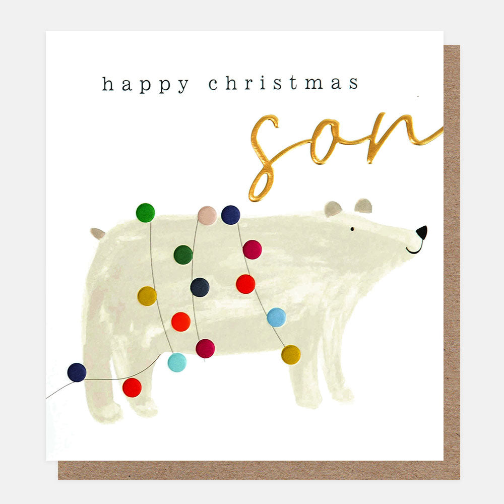 polar bear wrapped in lights happy Christmas son card