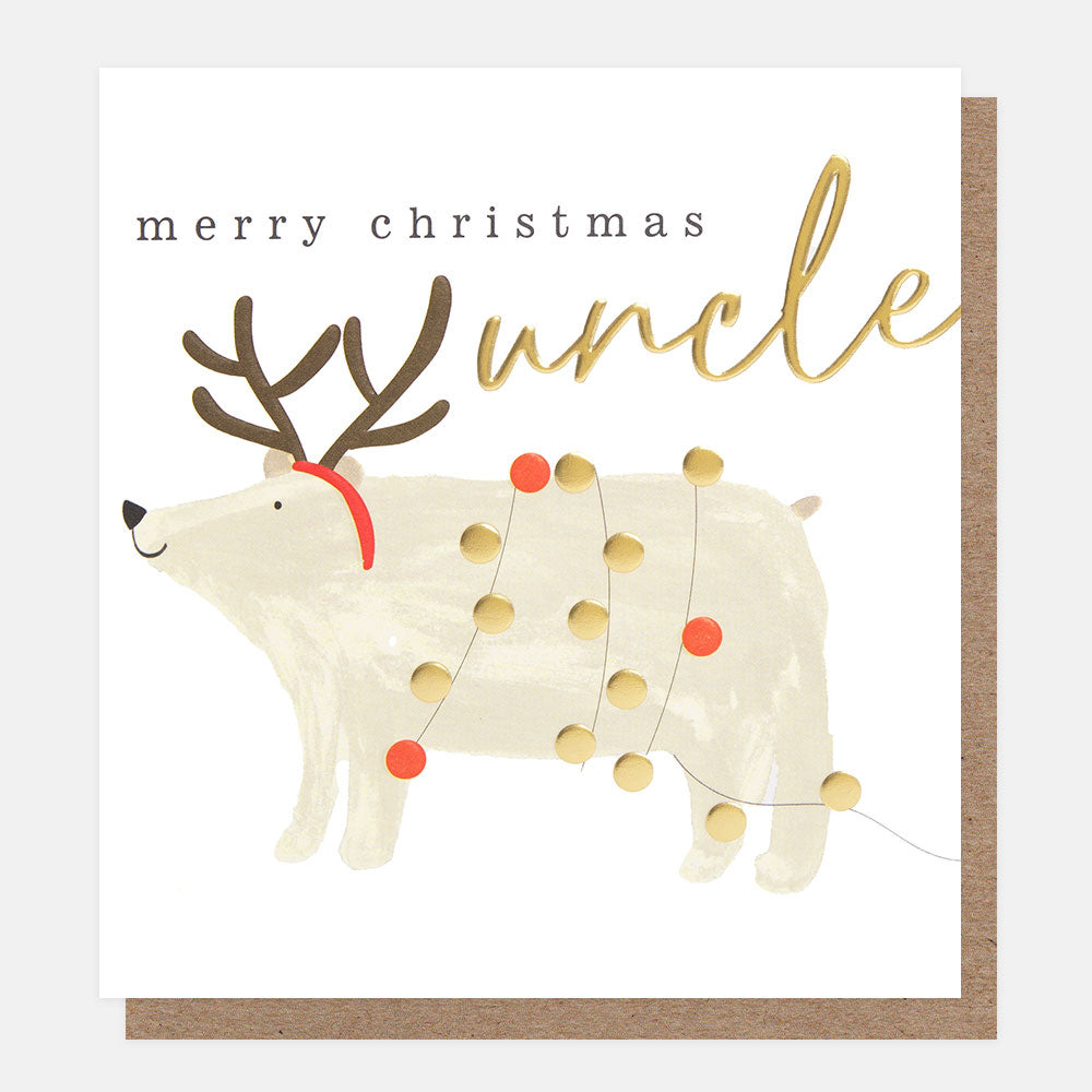 polar bear with antlers & lights merry christmas uncle card