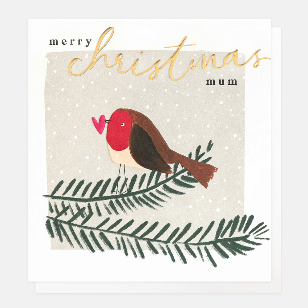 Christmas card with a robin and 'merry christmas mum' text on a snowy background