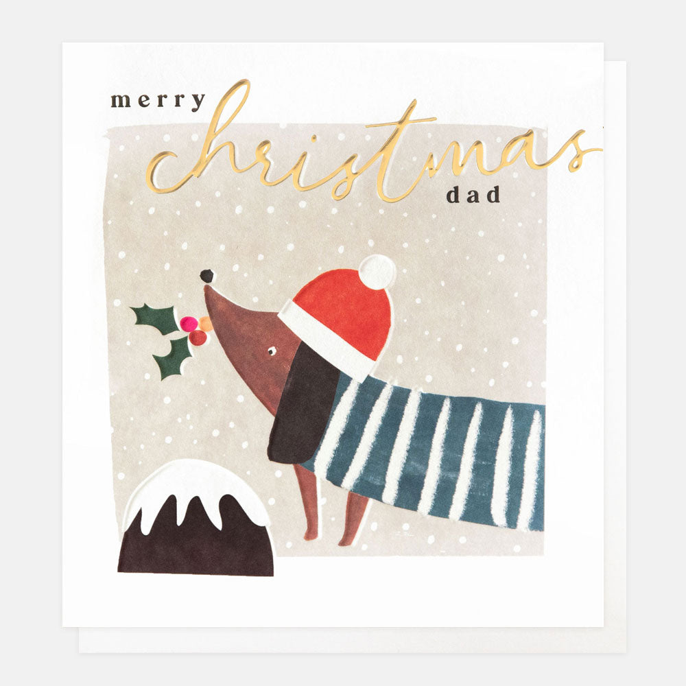 Christmas card with a dog wearing a Santa hat and holding a holly leaf, with 'Merry Christmas Dad' text.