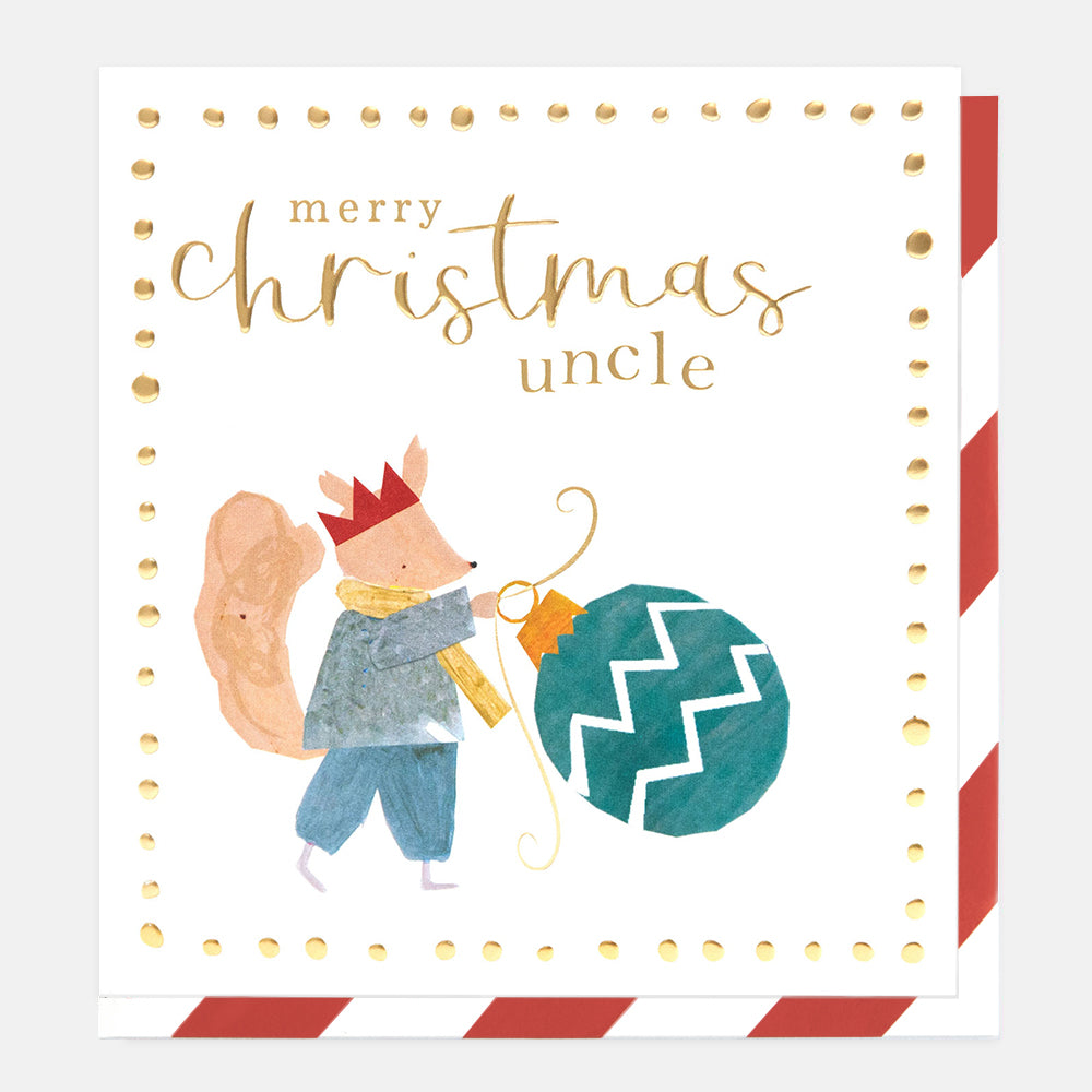 A square Christmas greeting card with the text 'merry christmas uncle' in gold script and block lettering. The card features a watercolor-style illustration of a squirrel wearing a red crown and blue outfit while holding a teal ornament.