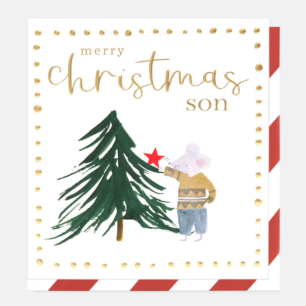 A square Christmas greeting card with the words 'merry christmas son' in gold script and block lettering, featuring an illustration of a small mouse decorating a green Christmas tree with a red star. The card has a white background with a gold dotted border and red-and-white striped edges, shown against a light gray background.
