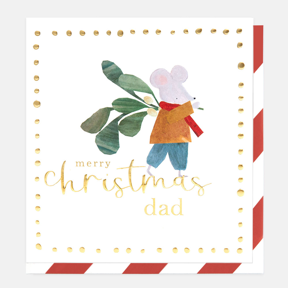 A square Christmas card with a white background, featuring a watercolor illustration of a small mouse in an orange sweater and blue pants holding green mistletoe. The text 'merry christmas dad' is printed in gold foil-style lettering.